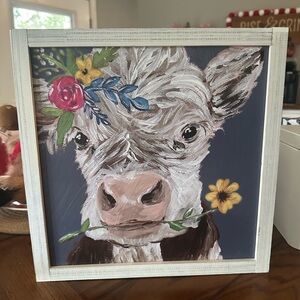 Hobby Lobby Floral Cow Art with Pink and Yellow Accents